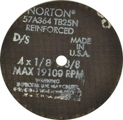 Norton - 4" 36 Grit Aluminum Oxide Cutoff Wheel - 1/8" Thick, 3/8" Arbor, 19,100 Max RPM, Use with Die Grinders - Caliber Tooling