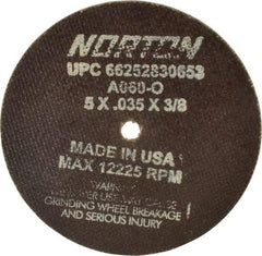 Norton - 5" 60 Grit Aluminum Oxide Cutoff Wheel - 0.035" Thick, 3/8" Arbor, 12,225 Max RPM, Use with Die Grinders - Caliber Tooling