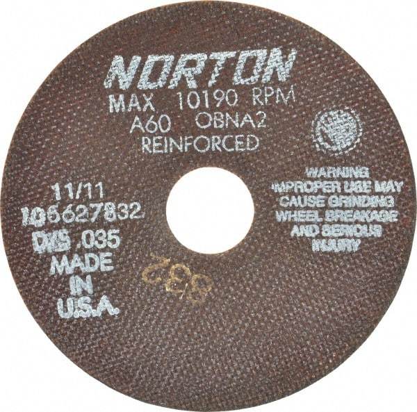 Norton - 6" 60 Grit Aluminum Oxide Cutoff Wheel - 0.035" Thick, 1-1/4" Arbor, 10,190 Max RPM, Use with Angle Grinders - Caliber Tooling