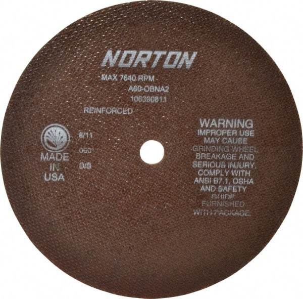 Norton - 8" 60 Grit Aluminum Oxide Cutoff Wheel - 0.06" Thick, 5/8" Arbor, 7,640 Max RPM, Use with Circular Saws - Caliber Tooling