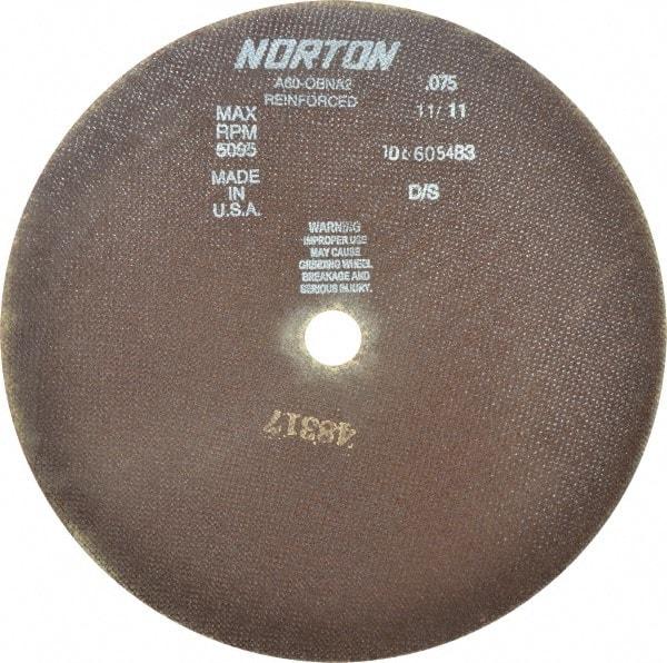 Norton - 12" 60 Grit Aluminum Oxide Cutoff Wheel - 0.075" Thick, 1" Arbor, 5,095 Max RPM, Use with Stationary Grinders - Caliber Tooling