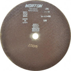 Norton - 12" 60 Grit Aluminum Oxide Cutoff Wheel - 0.075" Thick, 1" Arbor, 5,095 Max RPM, Use with Stationary Grinders - Caliber Tooling