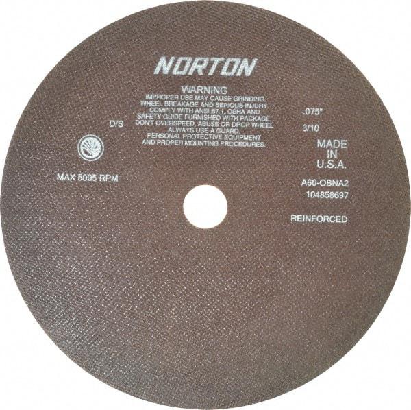 Norton - 12" 60 Grit Aluminum Oxide Cutoff Wheel - 0.075" Thick, 1-1/4" Arbor, 5,095 Max RPM, Use with Stationary Grinders - Caliber Tooling