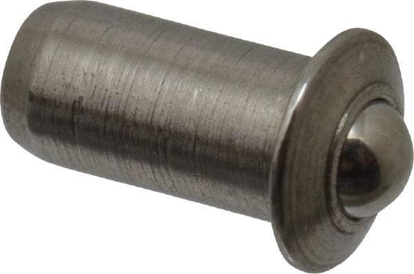 Vlier - 1/4" Body Length x 1/8" Body Diam, 0.75 Lb Init to 2.5 Lb Final End Force, Stainless Steel Press Fit Ball Plunger - 3/32" Ball Diam, 0.035" Max Ball Reach, 0.032" Flange Thickness - Caliber Tooling