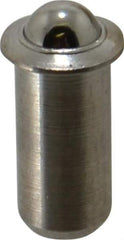 Vlier - 0.394" Body Length x 3/16" Body Diam, 1 Lb Init to 2.5 Lb Final End Force, Stainless Steel Press Fit Ball Plunger - 5/32" Ball Diam, 0.058" Max Ball Reach, 0.04" Flange Thickness - Caliber Tooling