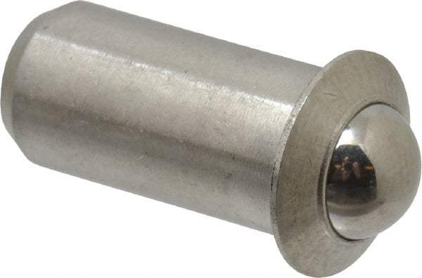 Vlier - 0.0786" Body Length x 3/8" Body Diam, 2.5 Lb Init to 7 Lb Final End Force, Stainless Steel Press Fit Ball Plunger - 5/16" Ball Diam, 0.11" Max Ball Reach, 0.078" Flange Thickness - Caliber Tooling