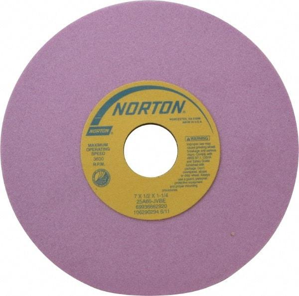 Norton - 7" Diam x 1-1/4" Hole x 1/2" Thick, J Hardness, 60 Grit Surface Grinding Wheel - Aluminum Oxide, Type 1, Medium Grade, 3,600 Max RPM, Vitrified Bond, No Recess - Caliber Tooling