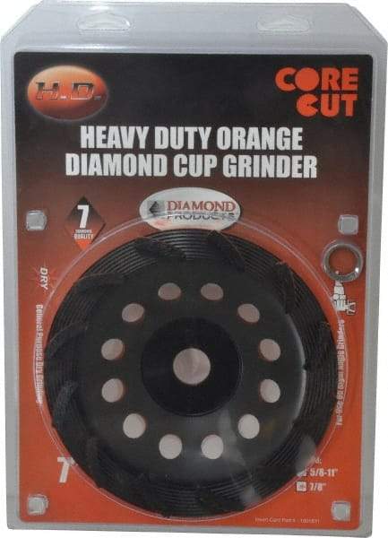 Core Cut - 7" Diam, 7/8" Hole Size, 3/16" Overall Thickness, Spiral Cup Tool & Cutter Grinding Wheel - Diamond, 8,725 RPM - Caliber Tooling