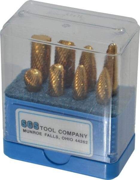 SGS Pro - 8 Piece, 1/4" Shank Burr Set - Tungsten Carbide, Multiple Head Shapes, 14° Included Angle - Caliber Tooling