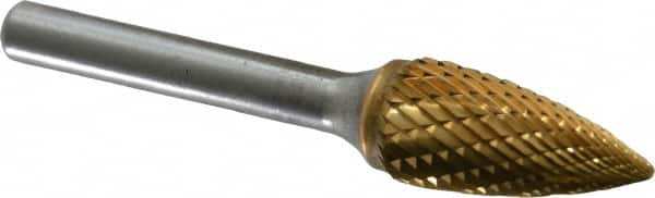 SGS Pro - 1/2" Cut Diam, 1/4" Shank Diam, Tree Head Double Cut Burr - Carbide, Point End, 1" LOC, 2-3/4" OAL - Caliber Tooling