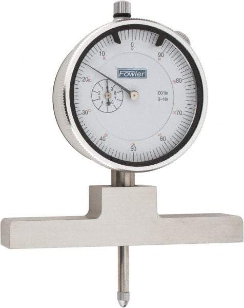 Fowler - 0 to 22 Inch Range, Steel, White Dial Depth Gage - 0.001 Inch Graduation, 0.001 Inch Accuracy, 1 Inch Travel, 4 Inch Base Measuring Length - Caliber Tooling