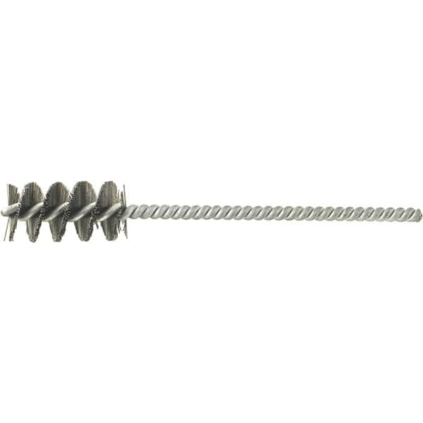 Brush Research Mfg. - 9/16" Diam Helical Stainless Steel Tube Brush - Single Spiral, 0.006" Filament Diam, 1-1/2" Brush Length, 5" OAL, 0.19" Diam Galvanized Steel Shank - Caliber Tooling