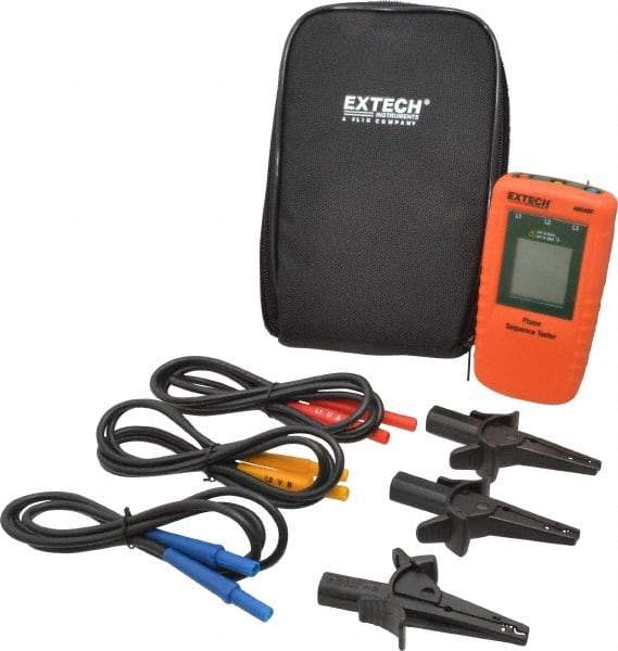 Extech - 3 Phase, 40 to 600 VAC, 15 to 400 Hz, 32 to 104°F, LCD Display Phase Rotation Tester - No Battery Required, Includes Alligator Clips, Test Leads, CAT III 600 V, CE, EN 61010-1 - Caliber Tooling