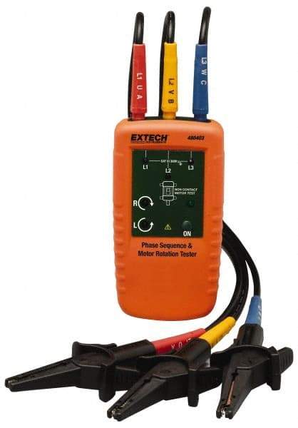 Extech - 3 Phase, 40 to 600 VAC, 2 to 400 Hz, 32 to 104°F, LED Display Phase Rotation Tester - 9V, Includes Alligator Clips, Test Leads, CAT III 600 V, CE, EN 61010-1 - Caliber Tooling