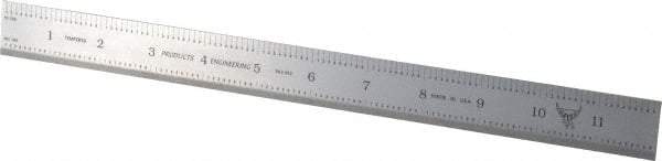 PEC Tools - 12" Long, 1/100, 1/10" and 0.5, 1mm Graduation, Rigid Steel Rule - Decimal/Metric Graduation Style, 1" Wide, Silver, Satin Chrome Finish - Caliber Tooling