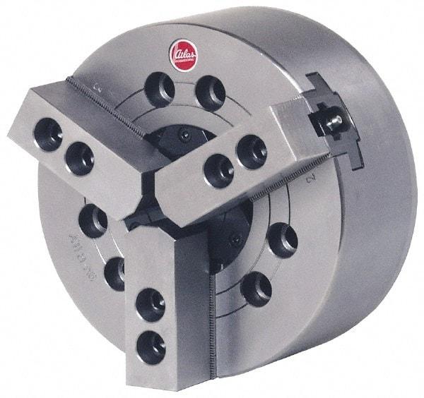 Atlas Workholding - 3 Jaws, 6" Chuck Diam, A2-5 Mount, 1.771" Through Hole, Drawbar, Hydraulic Power Lathe Chuck - 12,540 Lb Force per Jaw, 1.5mm x 60 Serrated Jaw Interface, 0.59" to 6.65" Jaw Capacity, 6,000 RPM - Caliber Tooling