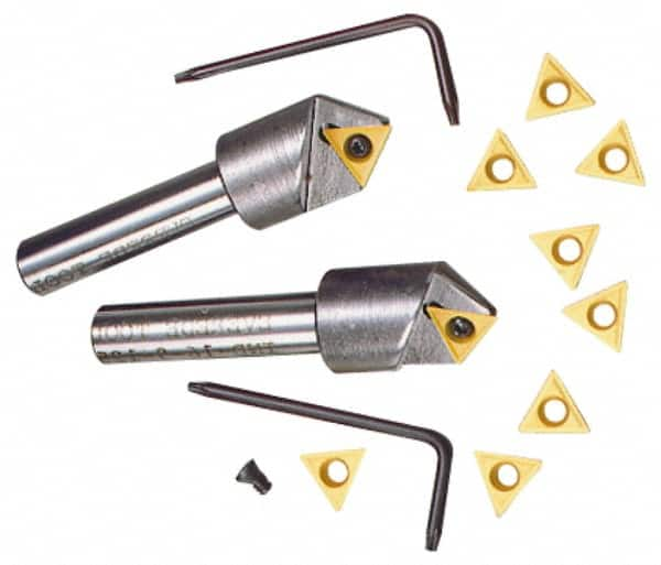 Everede Tool - 60° Included Angle, 0.713" Max Cut Diam, 3/4" Body Diam, 1/2" Shank Diam, 2-1/2" OAL, Indexable Countersink - 1 Triangle Insert, TPGH 215 Insert Style, Series IND - Caliber Tooling