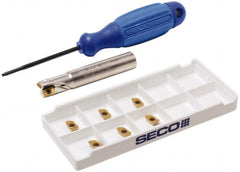 Seco - 3/8" Cut Diam, 0.197" Max Depth of Cut, 3/8" Shank Diam, 2.165" OAL, Indexable Square Shoulder End Mill - XO.X 0602 Inserts, Cylindrical Shank, 90° Lead Angle, Through Coolant, Series Nano Turbo - Caliber Tooling