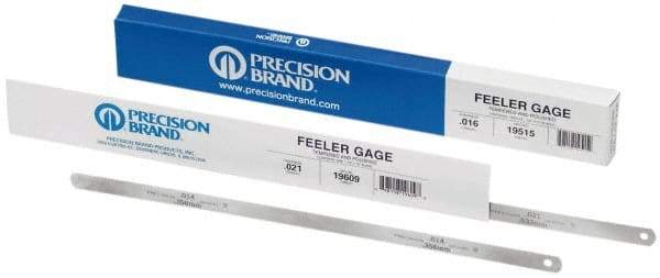 Precision Brand - 0.016 Inch Thick x 1/2 Inch Wide x 12 Inch Leaf Length, Parallel Feeler Gage - High Carbon Steel - Caliber Tooling