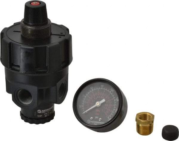 Norgren - 3/8 NPT Port, Zinc Hi-Flow Regulator - 10 to 125 psi Range, 300 Max psi Supply Pressure, 3/8" Gauge Port Thread, 2.7" Wide x 4.83" High - Caliber Tooling