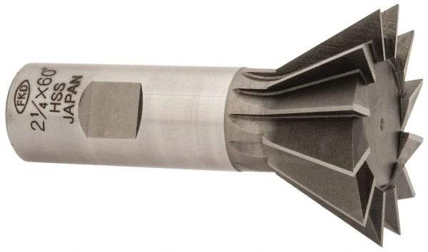 Interstate - 2-1/4" Diam x 1-1/16" Width of Cut, 60° Included Angle, High Speed Steel Dovetail Cutter - 1" Shank Diam, 3-3/4" Overall Length, Uncoated - Caliber Tooling