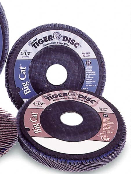 Weiler - 120 Grit, 7" Disc Diam, 7/8" Center Hole, Type 27 Aluminum Oxide Flap Disc - 8,600 Max RPM, Phenolic Backing, Arbor Attaching System, Coated - Caliber Tooling