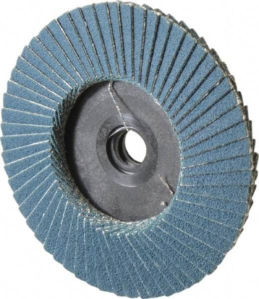 Weiler - 120 Grit, 3" Disc Diam, Type 29 Zirconia Alumina Flap Disc - 20,000 Max RPM, Plastic Backing, Quick Change Type S Attaching System, Coated - Caliber Tooling