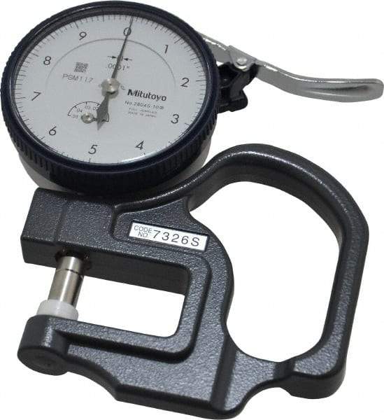 Mitutoyo - 0 to 0.05 Inch Measurement, 0.00005 Inch Graduation, 1.1811 Inch Throat Depth, Dial Thickness Gage - 0.0002 Inch Accuracy, 1.4 N Force, 2 Inch Dial Diameter - Caliber Tooling