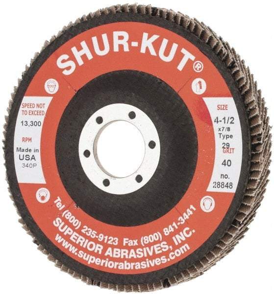 Superior Abrasives - 40 Grit, 4-1/2" Disc Diam, 7/8" Center Hole, Type 29 Zirconia Alumina Flap Disc - 13,000 Max RPM, Fiberglass Backing, Arbor Attaching System, Coated - Caliber Tooling