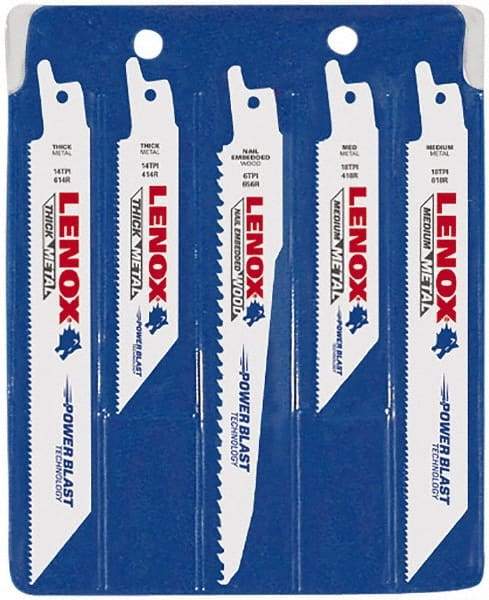 Lenox - 5 Piece, 4" to 6" Long x 0.035" to 0.05" Thick, Bi-Metal Reciprocating Saw Blade Set - Tapered Profile, 6 to 18 Teeth per Inch, Toothed Edge - Caliber Tooling