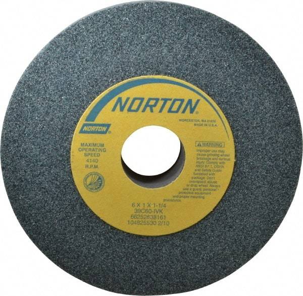 Norton - 6" Diam x 1-1/4" Hole x 1" Thick, I Hardness, 60 Grit Surface Grinding Wheel - Silicon Carbide, Type 1, Medium Grade, 4,140 Max RPM, Vitrified Bond, No Recess - Caliber Tooling