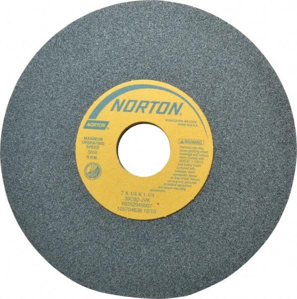 Norton - 7" Diam x 1-1/4" Hole x 1/4" Thick, J Hardness, 80 Grit Surface Grinding Wheel - Silicon Carbide, Type 1, Medium Grade, 3,600 Max RPM, Vitrified Bond, No Recess - Caliber Tooling