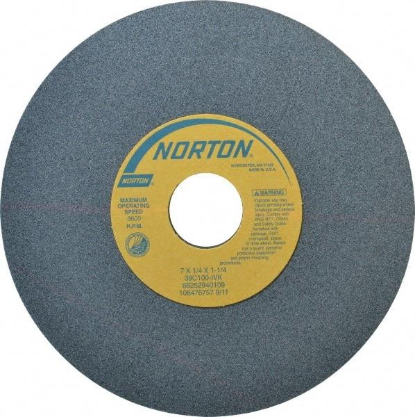 Norton - 7" Diam x 1-1/4" Hole x 1/4" Thick, I Hardness, 100 Grit Surface Grinding Wheel - Silicon Carbide, Type 1, Fine Grade, 3,600 Max RPM, Vitrified Bond, No Recess - Caliber Tooling