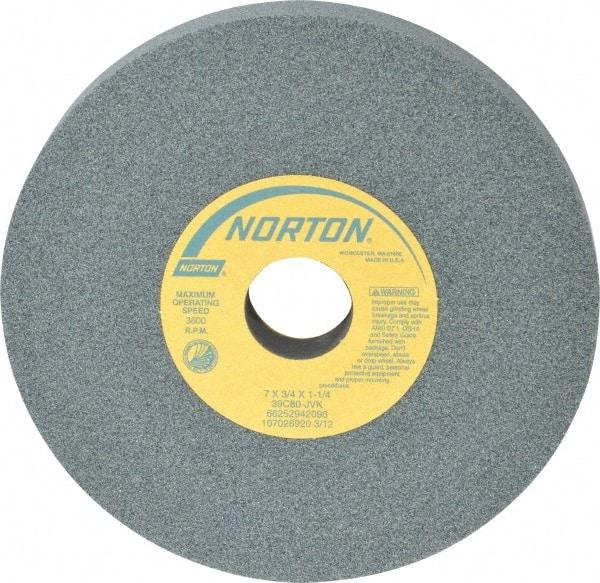 Norton - 7" Diam x 1-1/4" Hole x 3/4" Thick, J Hardness, 80 Grit Surface Grinding Wheel - Silicon Carbide, Type 1, Medium Grade, 3,600 Max RPM, Vitrified Bond, No Recess - Caliber Tooling