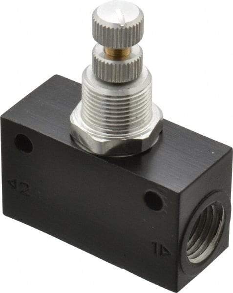 Norgren - 1/4" NPT Inlet x 1/4" NPT Outlet In-Line Flow Control Valve - 15 to 145 psi, Needle Valve & Aluminum Material - Caliber Tooling