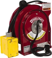 Reelcraft - 12 AWG, 45' Cable Length, Cord & Cable Reel with Duplex GFCI Outlet Box End - 2 Outlets, NEMA 5-20R, 20 Amps, 125 Volts, SJEOOW Cable, Red Reel - Caliber Tooling