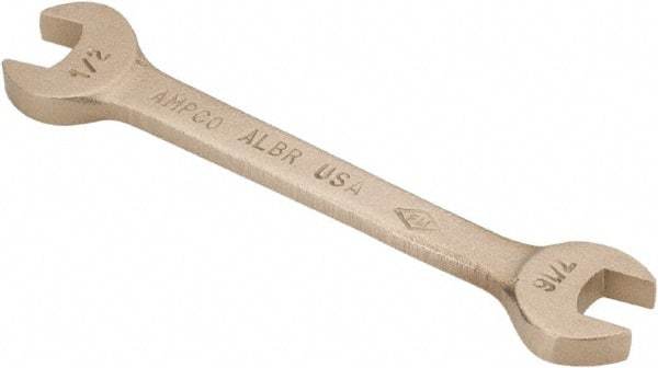 Ampco - 7/16" x 1/2" Nonsparking Open End Wrench - 5" OAL, Double End, Plain Finish, 15° Head Angle - Caliber Tooling