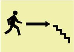 NMC - Person Walking, Right Arrow, Stairs (Graphic), Plastic Exit Sign - 10" Wide x 7" High, Glow-in-the-Dark - Caliber Tooling