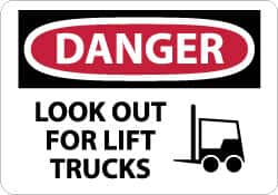 NMC - "Danger - Look Out for Lift Trucks", 10" Long x 14" Wide, Rigid Plastic Safety Sign - Rectangle, 0.05" Thick, Use for Accident Prevention - Caliber Tooling