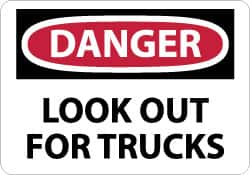 NMC - "Danger - Look Out for Trucks", 10" Long x 14" Wide, Rigid Plastic Safety Sign - Rectangle, 0.05" Thick, Use for Accident Prevention - Caliber Tooling