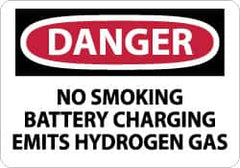 NMC - "Danger - No Smoking - Battery Charging Emits Hydrogen Gas", 10" Long x 14" Wide, Rigid Plastic Safety Sign - Rectangle, 0.05" Thick, Use for Accident Prevention - Caliber Tooling