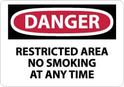 NMC - "Danger - Restricted Area - No Smoking at Any Time", 10" Long x 14" Wide, Rigid Plastic Safety Sign - Rectangle, 0.05" Thick, Use for Accident Prevention - Caliber Tooling