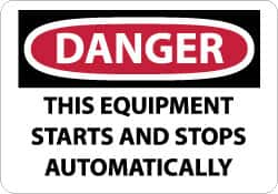 NMC - "Danger - This Equipment Starts and Stops Automatically", 10" Long x 14" Wide, Rigid Plastic Safety Sign - Rectangle, 0.05" Thick, Use for Accident Prevention - Caliber Tooling