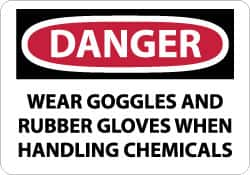 NMC - "Danger - Wear Goggles and Rubber Gloves When Handling Chemicals", 10" Long x 14" Wide, Rigid Plastic Safety Sign - Rectangle, 0.05" Thick, Use for Accident Prevention - Caliber Tooling