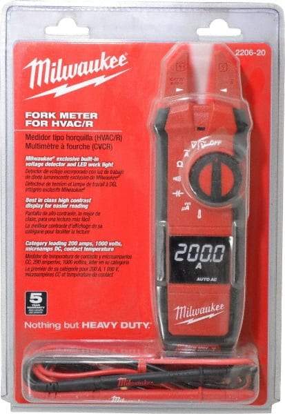 Milwaukee Tool - 2206-20, CAT IV, CAT III, Digital True RMS Clamp Meter with 0.63" Fork Jaws - 1000 VAC/VDC, 200 AC/DC Amps, Measures Voltage, Capacitance, Continuity, Current, Resistance, Temperature - Caliber Tooling