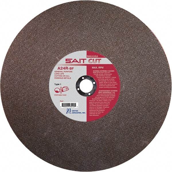 Sait - 14" 24 Grit Aluminum Oxide Cutoff Wheel - 1/8" Thick, 1" Arbor, 5,400 Max RPM, Use with Portable Tools - Caliber Tooling