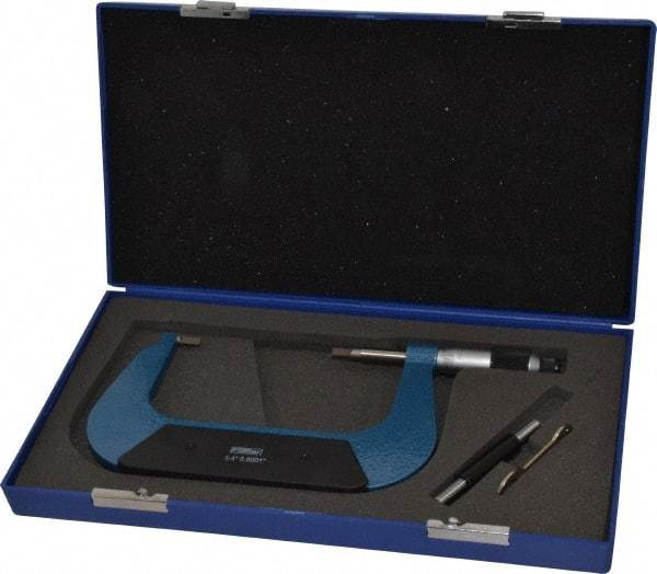 Fowler - 3" to 4" Mechanical Baked Enamel (Frame) & Satin Chrome (Graduations) Coated Blade Micrometer - 0.0002" Accuracy, 0.0001" Graduation, 0.03" Blade Thickness, Ratchet Stop Thimble - Caliber Tooling