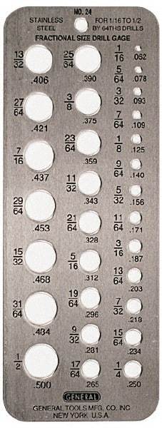 General - #60 Wire to #1 Wire Hole Size Drill Gage - 6-1/2 Inch Long, 2-1/2 Inch Wide, 60 Holes - Caliber Tooling