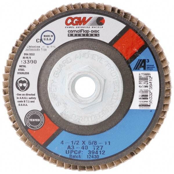 Camel Grinding Wheels - 120 Grit, 7" Disc Diam, 7/8" Center Hole, Type 29 Aluminum Oxide Flap Disc - 8,600 Max RPM, Polyester Backing, Arbor Attaching System, Coated - Caliber Tooling