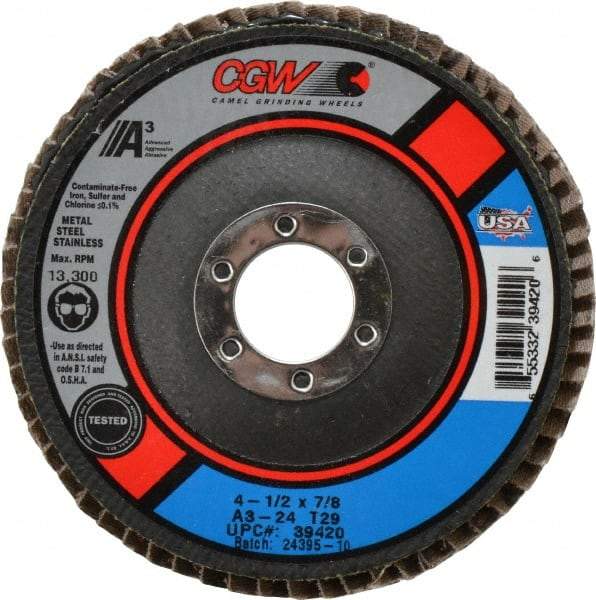 Camel Grinding Wheels - 24 Grit, 4-1/2" Disc Diam, 7/8" Center Hole, Type 29 Aluminum Oxide Flap Disc - 13,300 Max RPM, Polyester Backing, Arbor Attaching System, Coated - Caliber Tooling